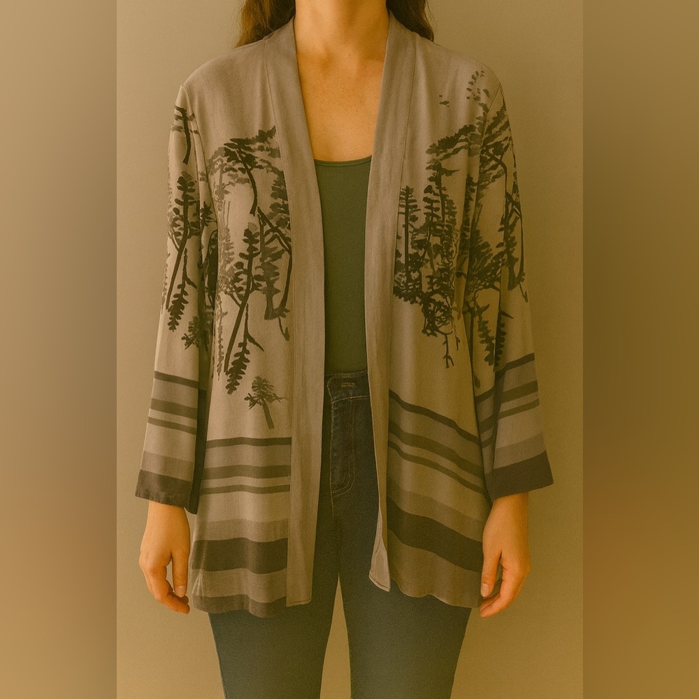 Coldwater Creek Open Front Kimono Cardigan | Gray Tree Print | XL (18)